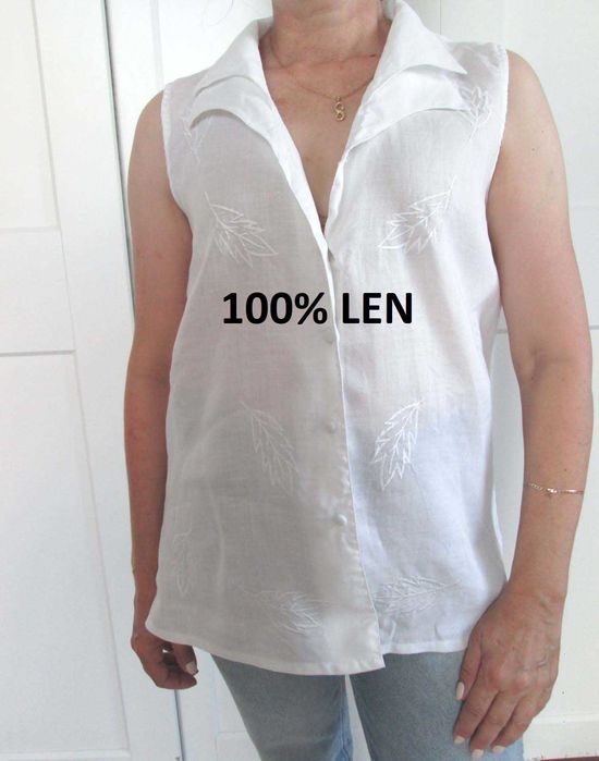 Biała lniana bluzka 100% len haft vintage L XL 40 42