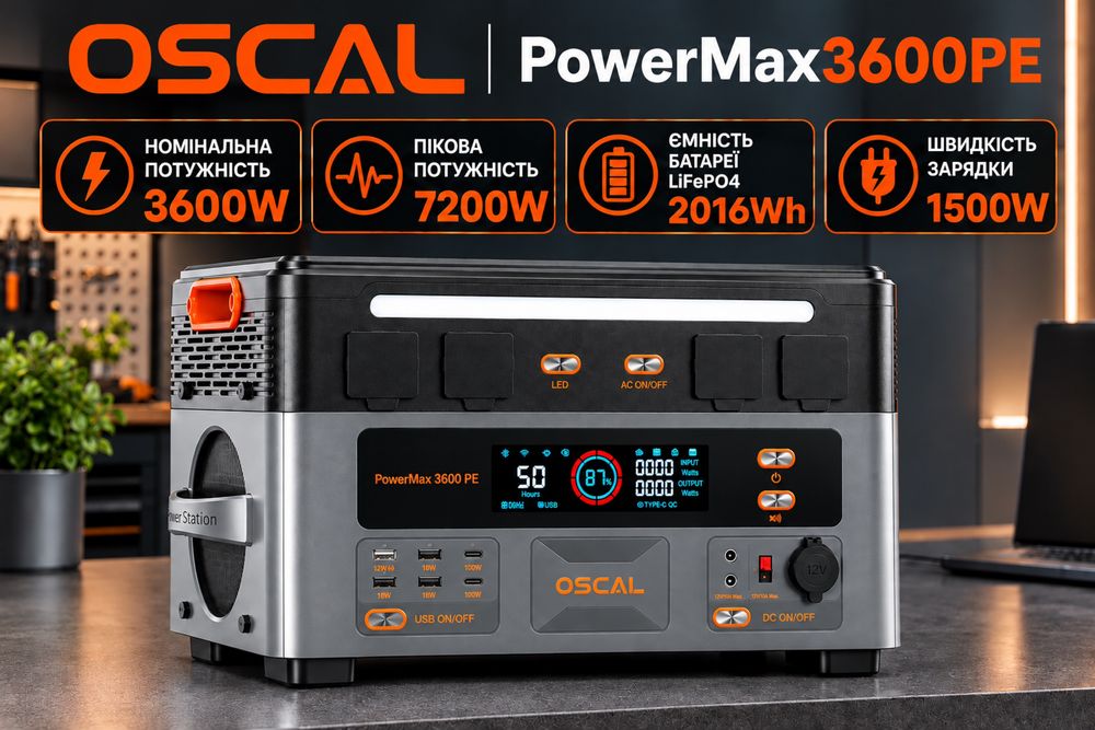 Зарядна станція OSCAL PowerMax 3600PE - 3600Вт/ 2016Вт•г/ LiFePO4