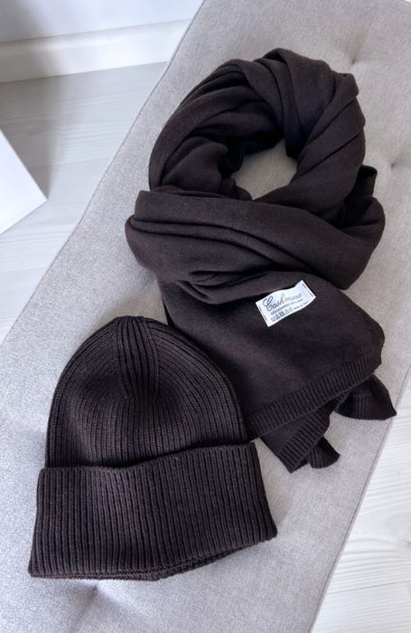 Brązowy czekoladowy komplet kaszmirowy czapka i szalik