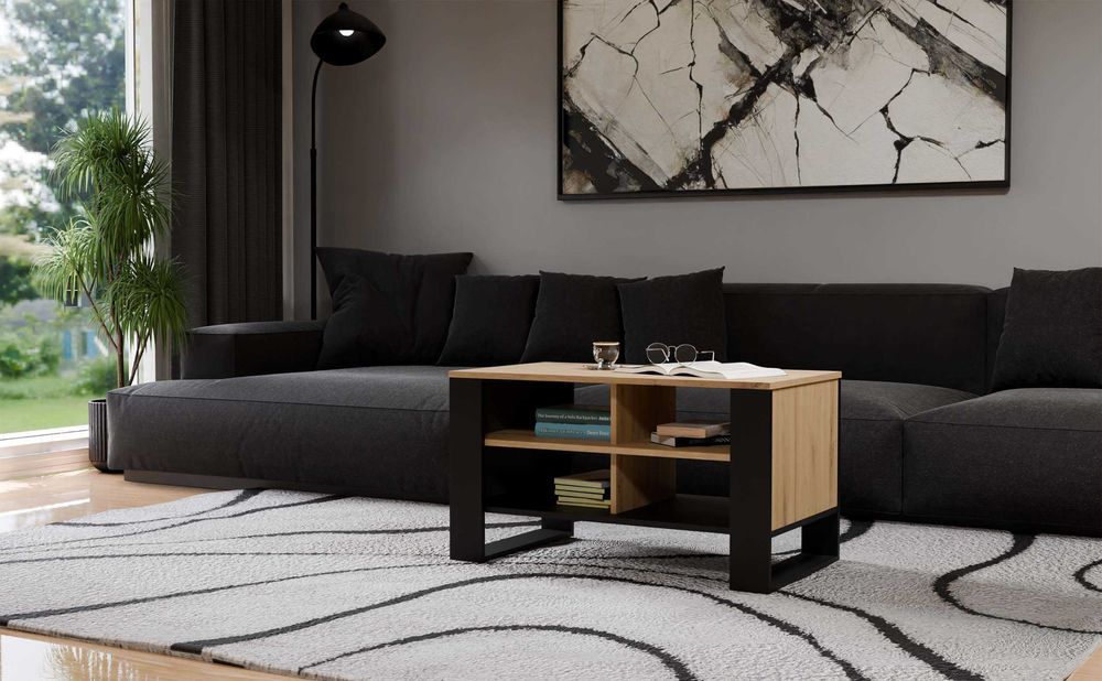 Stolik Kawowy MODERN 4P Ława z 4 Półkami DĄB ARTISAN / CZARNY