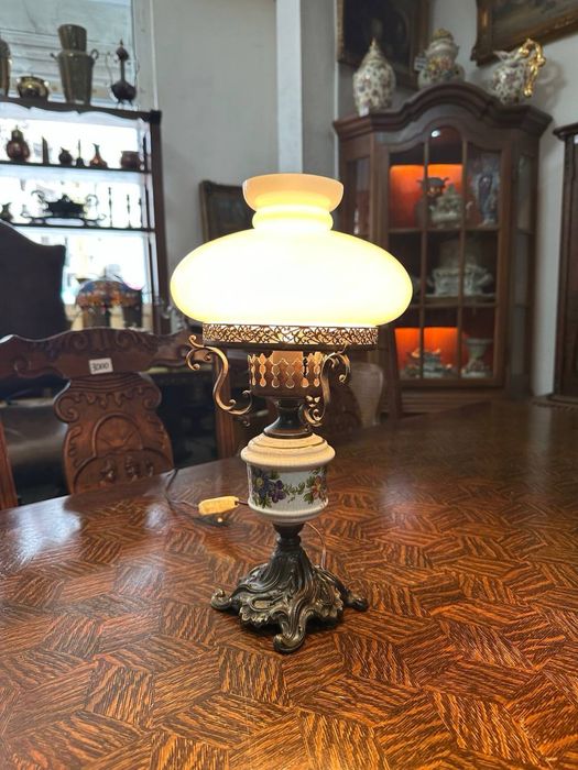 Антикварна натільна лампа бронза порцеляна скло фарфор 7558
