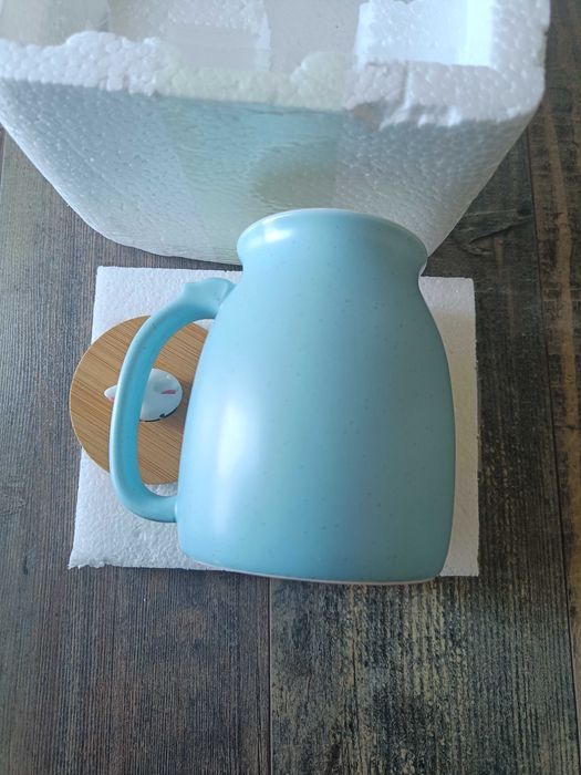 Kubek Turkusowy Z Łyżką I Pokrywką Z Głową Kota