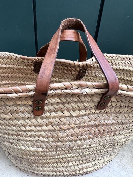 Cesta Vintage em Verga Natural com Alças em Pele | Boho Escandinava Grande