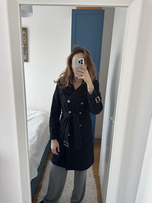Trencz taranko 34 granatowy zlote guziki damski plaszcz wiosenny