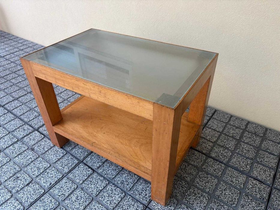 Mesa de Centro de Vidro Temperado e Madeira Maciça