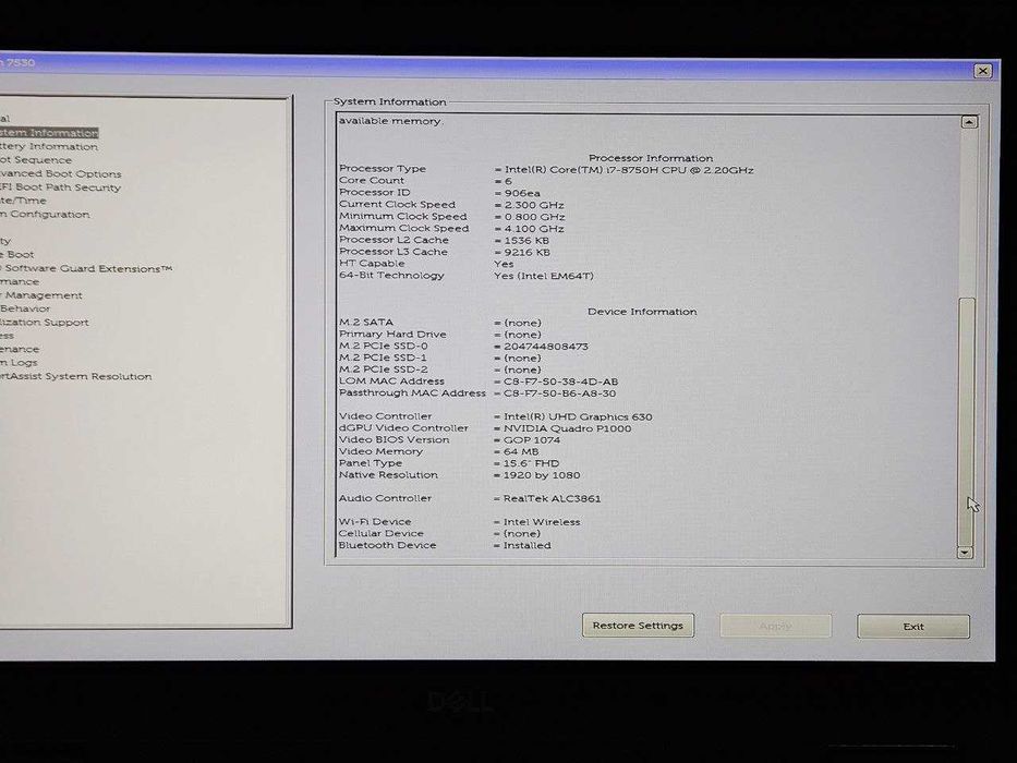 Ноутбук Dell Precision 7530 FHD 256/16GB I7 8750H Quadro P1000 4GB