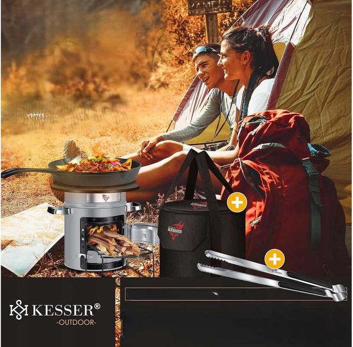 GRILL RAKIETOWY turystyczny z żeliwną paltelnią i torbą transportową