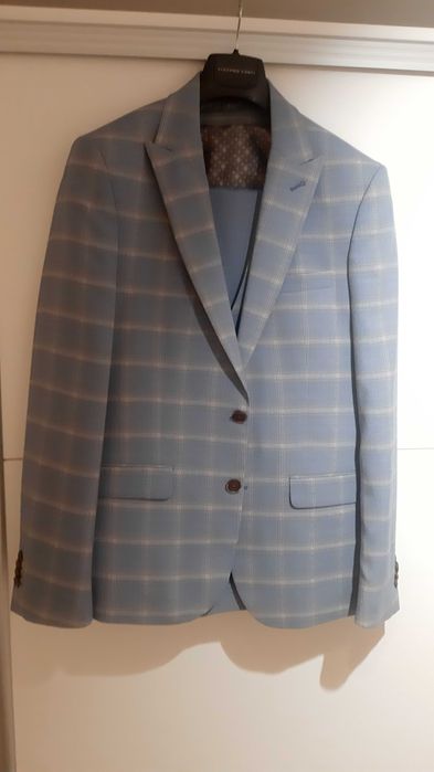 Garnitur niebieski w kratę (marynarka + kamizelka + spodnie)