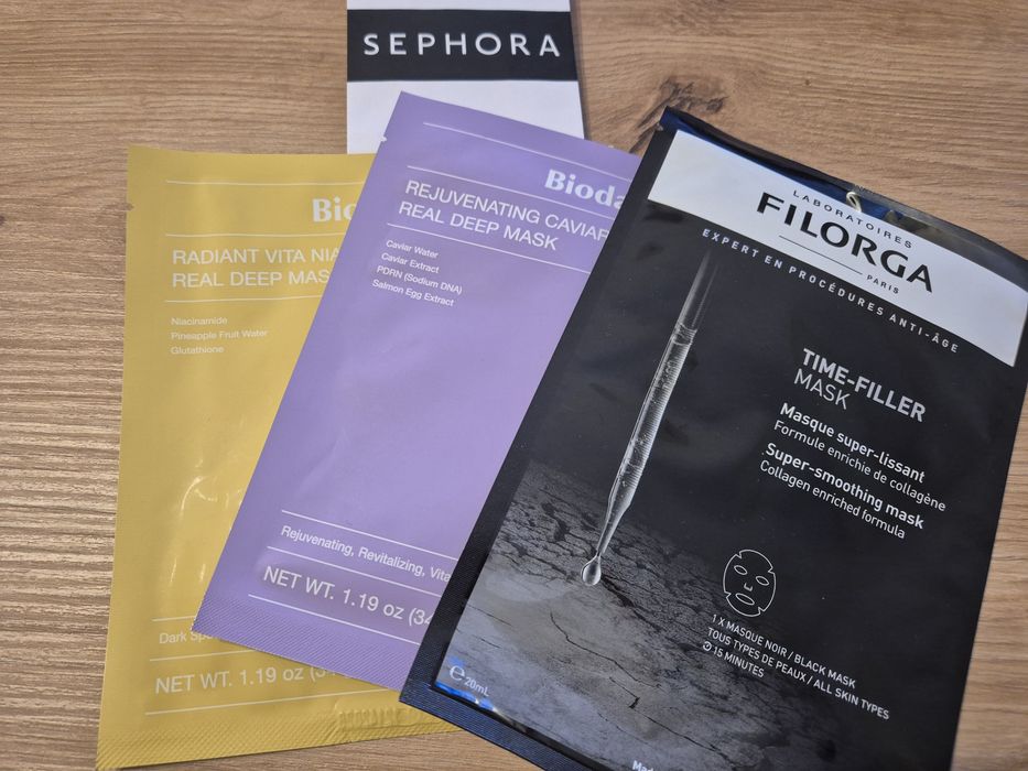 3 maski w płachcie! BIODANCE maska żółta i fioletowa FILORGA Time-Filler Mask NOWE!