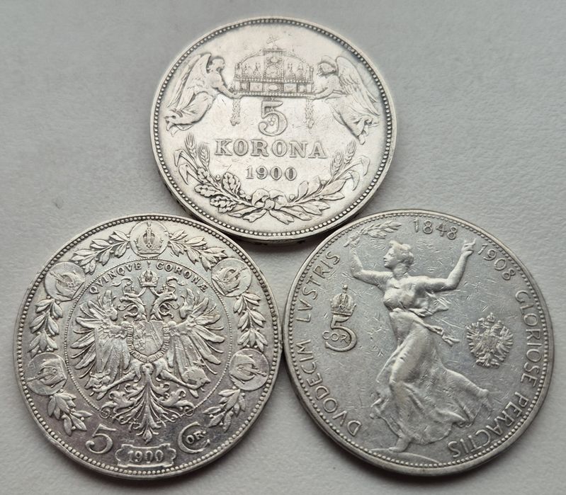 Австро - Угорщина 5 крон 1900 та 5 корон 1908 р. 60 р Правління срібло