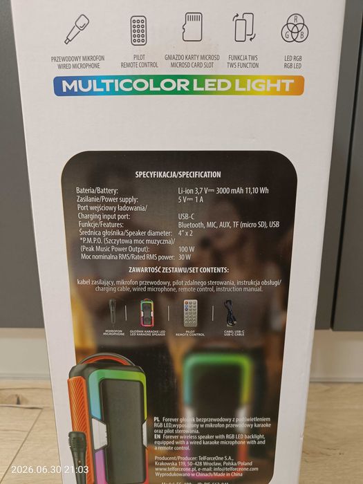 Głośnik Forever RGB LED 30W bezprzewodowy bluetooth karaoke pilot mikrofon