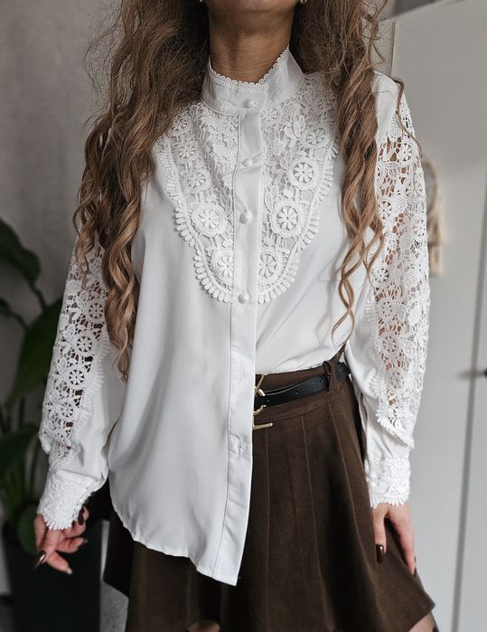 Biała ażurowa galowa koszula oldmoney casual office biuro bufki koronk