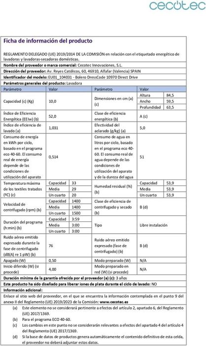 Maquina de Lavar 10kg Cecotec Bolero DressCode 10970 (topo de gama)