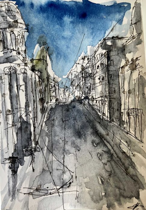 Aguarela tamanho A5 "Chuva no Porto"