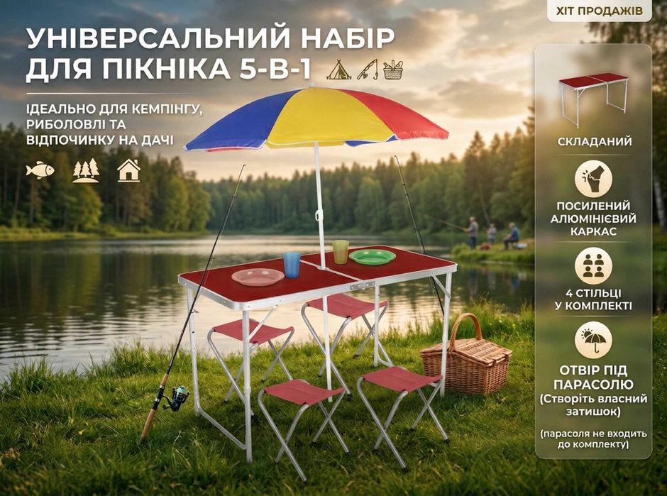 НАДІЙНИЙ Стіл Розкладний алюмінієвий туристичний та 4 стільці для пікніка дачі та риболовлі похідний столик для відпочинку