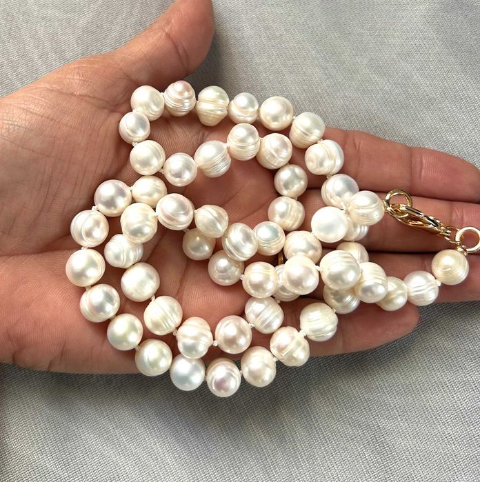 Naszyjnik długi 60 cm Perły barokowe Supełkowane Jedwab Złocone 24K