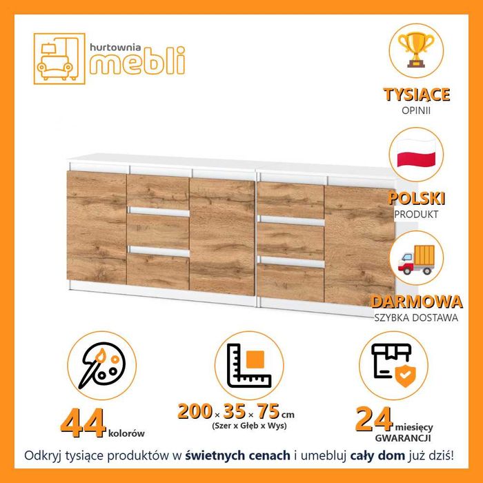 Komoda Modułowa RTV Best Agnes 200cm Nowoczesna Szafka 6 Szuflad Duża