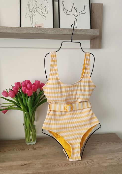Kostium kąpielowy jednoczęściowy damski w paski żółty 40 L