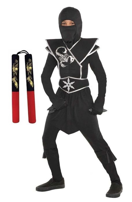 Strój Black NINJA SKORPION GWIAZDA mięśnie 110/122+Nunchaku