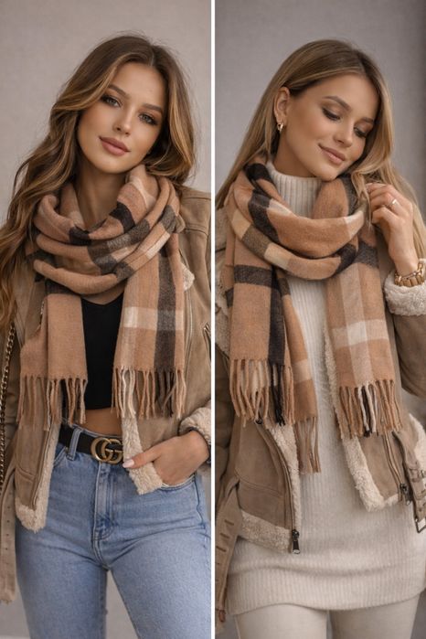 Beżowy szalik w kratę – klasyczny - stylowy