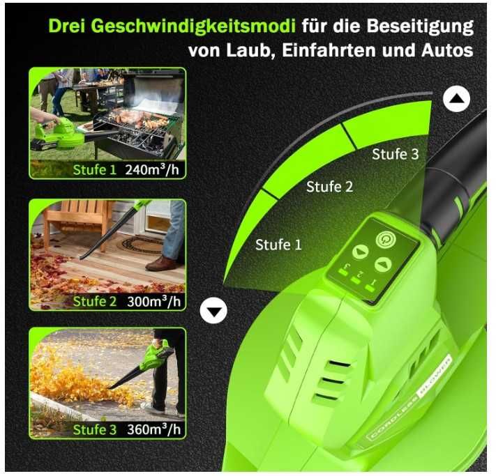 Bezprzewodowa dmuchawa do liści 3 biegi, 120km/h, 2 bateria 2Ah