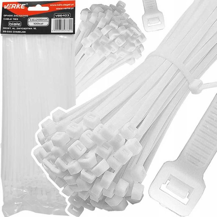 Opaski zaciskowe  3,6x200 mm BIAŁE 100 SZT VERKE
