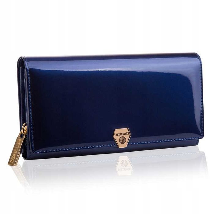 BETLEWSKI Portfel Damski Na Prezent Lakierowany Granatowy Duży Skóra