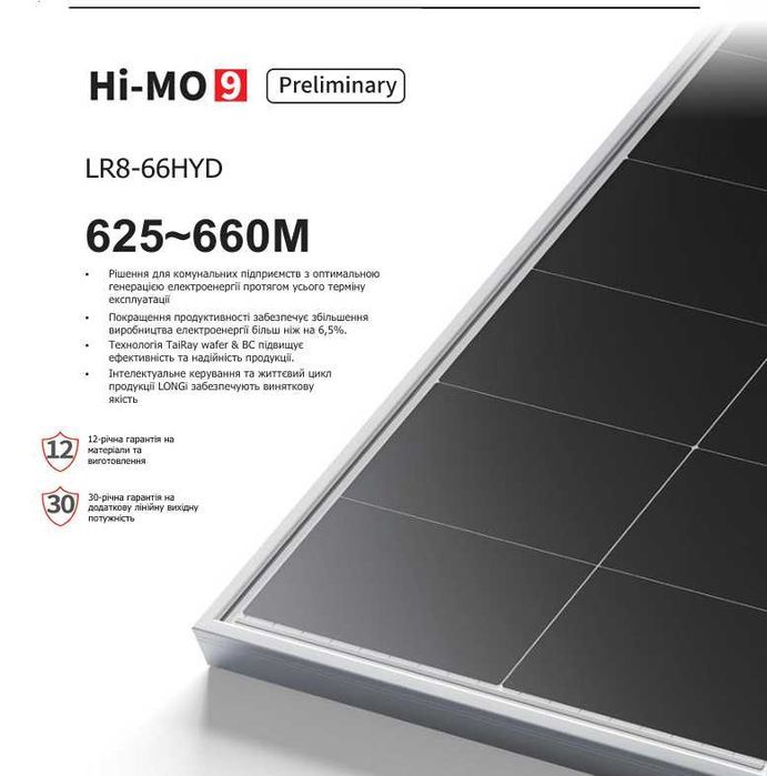 ‼️‼️105$ Сонячні панелі LONGI Solar  645,650,655 Вт, BIFACIAL Hi-MO 9, LR8-66HYD