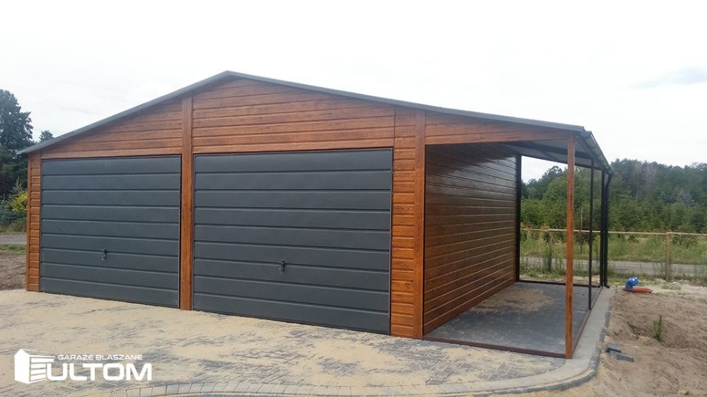 Garaż blaszany z wiatą drewnopodobny premium złoty dąb