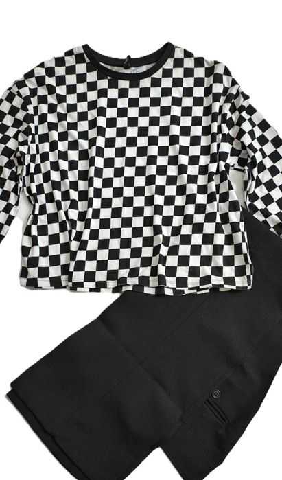 Bluzka biało-czarna szachownica krótka prosta długi rękaw bawełniana