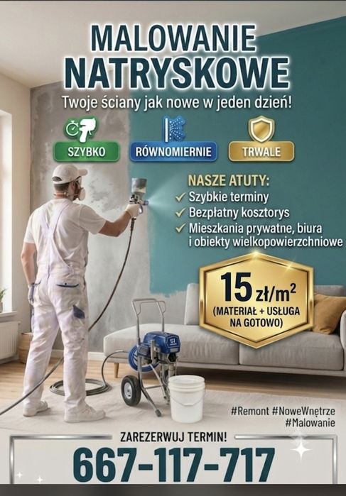 Malowanie natryskowe Agregatem, Wykończenia wnętrz, Hale, Mieszkania prywatne, Obiekty wielkopowierzchniowe