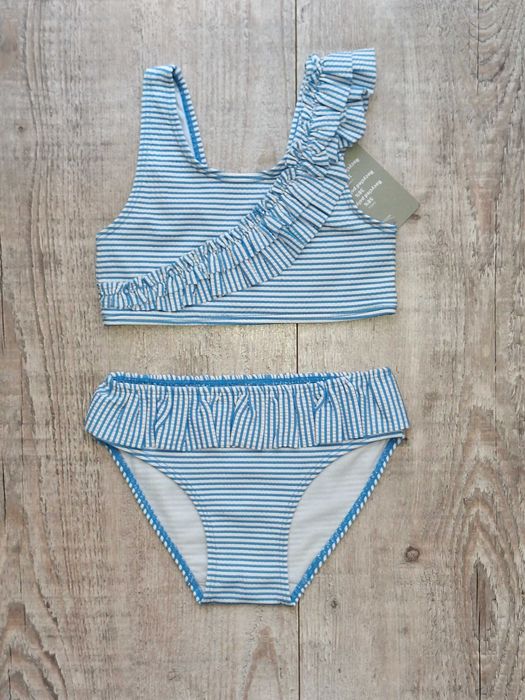 H&M kostium bikini z falbankami niebiesko/biały 98/104