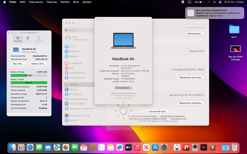 MacBook Air 13 2020 i3/8Gb/256Gb стан 9,3/10 #91150