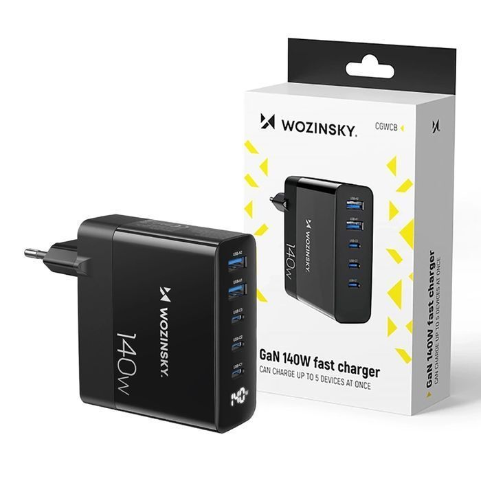 Ładowarka sieciowa GaN Wozinsky CGWCB 140W 3 x USB-C / 2 x USB-A -