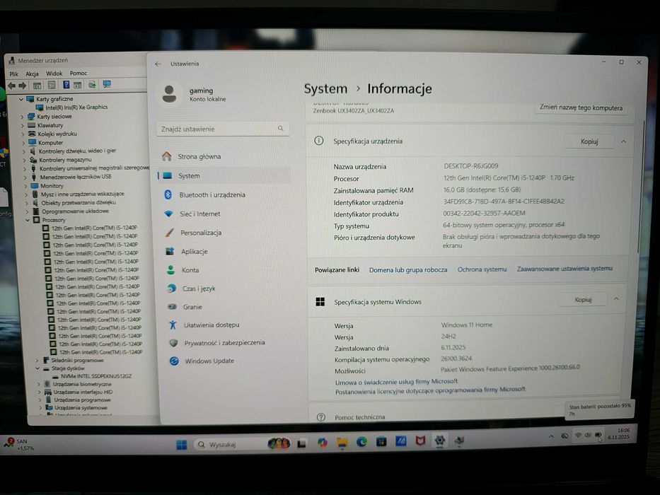 Asus ZenBook 14" WQXGA i5 12GEN 16x4.40Ghz,16GB-DDR5,512GB/Jak NOWY