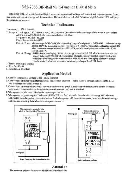 Лічильник електроенергії ватметр, вольтметр, амперметр TOMZN D52-2066
