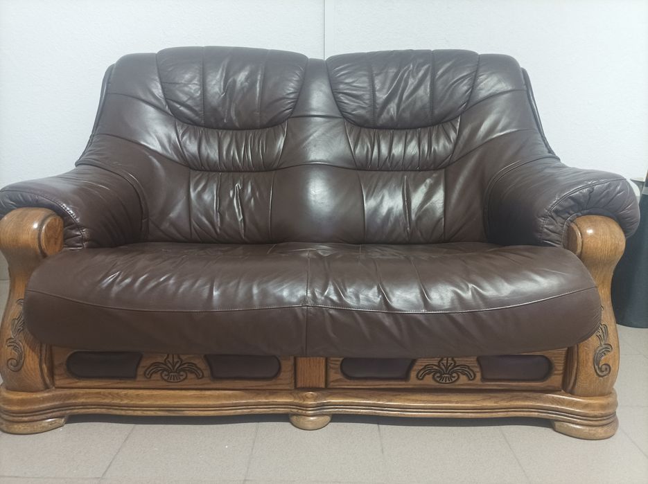 Dębowy komplet wypoczynkowy ze skóry (sofa 3-os, sofa 2-os + fotel