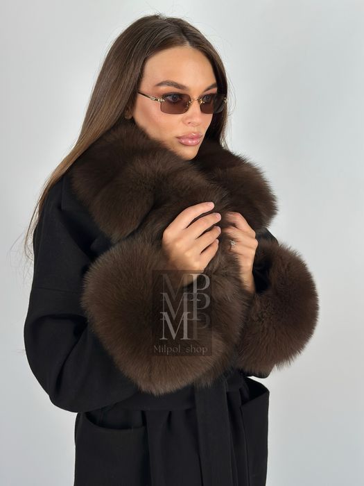 Женское кашемировое пальто с натуральным мехом песца, 42-56 размеры