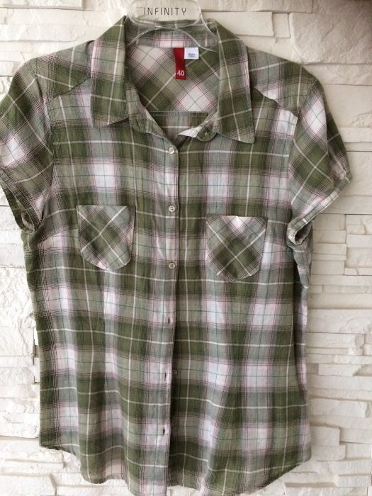 Koszula koszulka krata w kratę zielona zielony t-shirt vintage boho