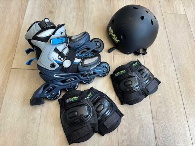 Patins em linha Stats Street com capacete de proteção, joelheiras e coteveleiras para criança.
