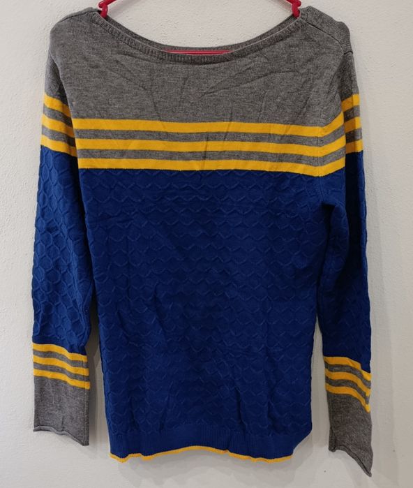 Kolorowy Sweter Damski w Pasy | Chabrowy & Żółty | Rozmiar L | Modny Splot