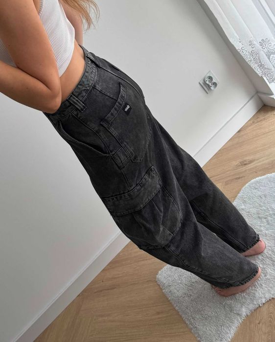 Pull&Bear spodnie jeansy baggy szerokie nogawki bojówki czarne 36 S