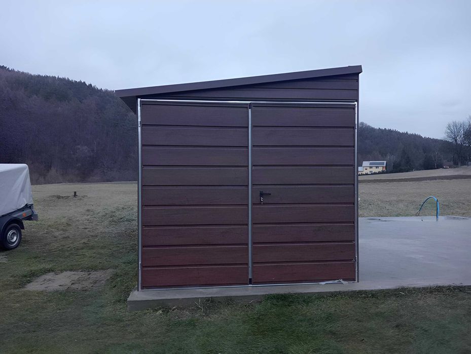 Garaż Blaszany Blaszak spad na bok drewnopodobny PREMIUM