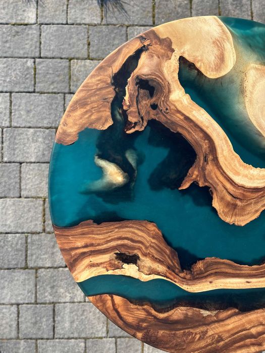 Stolik kawowy suar dąb orzech drewno szmaragdowa żywica loft #131