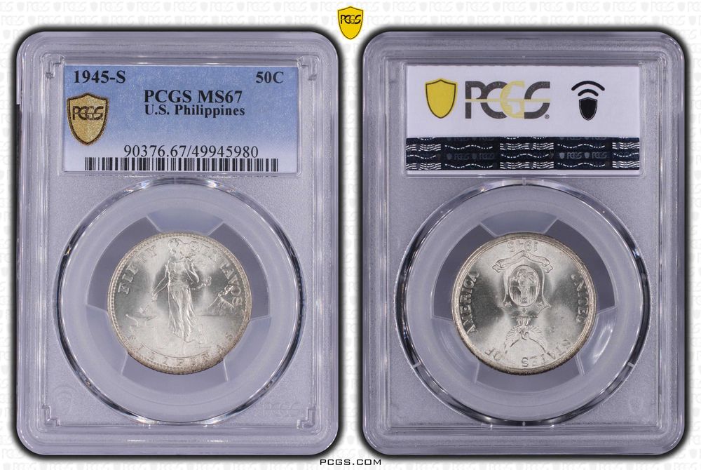 Moeda Prata 1945 Filipinas / USA 50 centavos PCGS MS67
