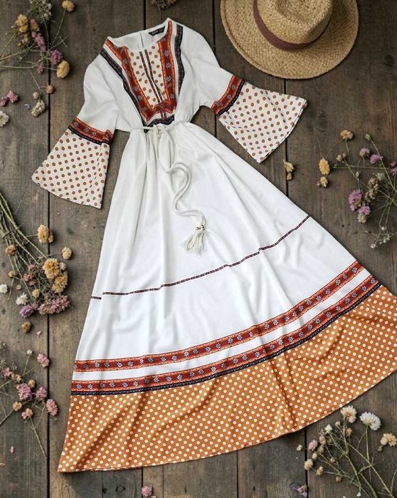 Długa Sukienka Maxi Grochy Wzory Boho Hippie Folk Etno Retro Oversize