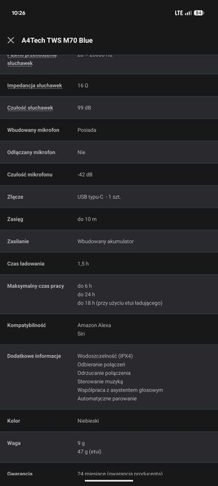 Słuchawki bezprzewodowe bluetooth A4Tech TWS M70 Blue