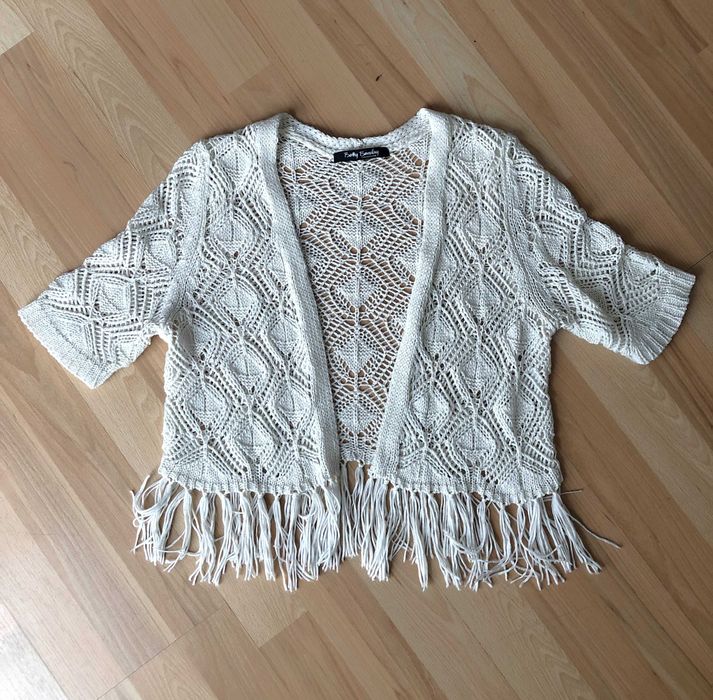 Ażurowa kamizelka, boho narzutka z frędzlami, bawełniana Betty Barclay