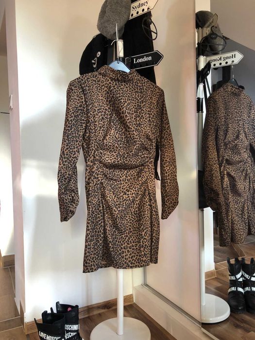 Sukienka w panterkę, cienki sztruks, zmysłowa, codzienna, rozmiar 36