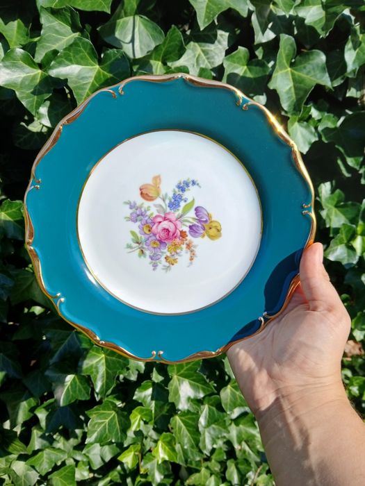 Тарілки столовий зелений кобальт позолота Іриси Чехія фарфор